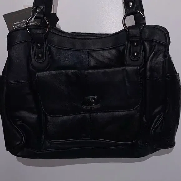 Embassy Women's Black Genuine Leather Top Zip Double Strap Shoulder Bag OS NWT